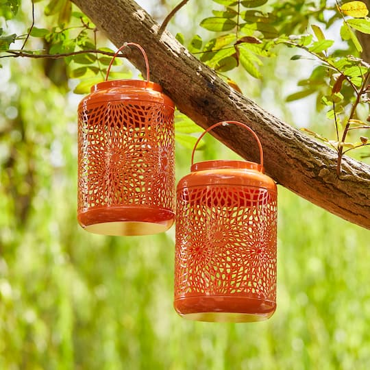 Glitzhome® 8.75" Metal Cutout Solar Powered Hanging Lantern Set